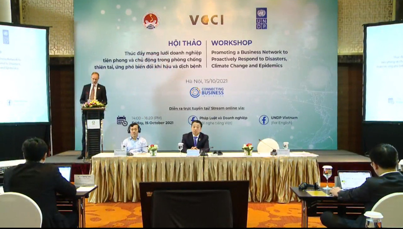 Hội thảo &ldquo;Th&uacute;c đẩy mạng lưới doanh nghiệp ti&ecirc;n phong v&agrave; chủ động trong ph&ograve;ng chống thi&ecirc;n tai, ứng ph&oacute; với biến đổi kh&iacute; hậu v&agrave; dịch bệnh&rdquo;.