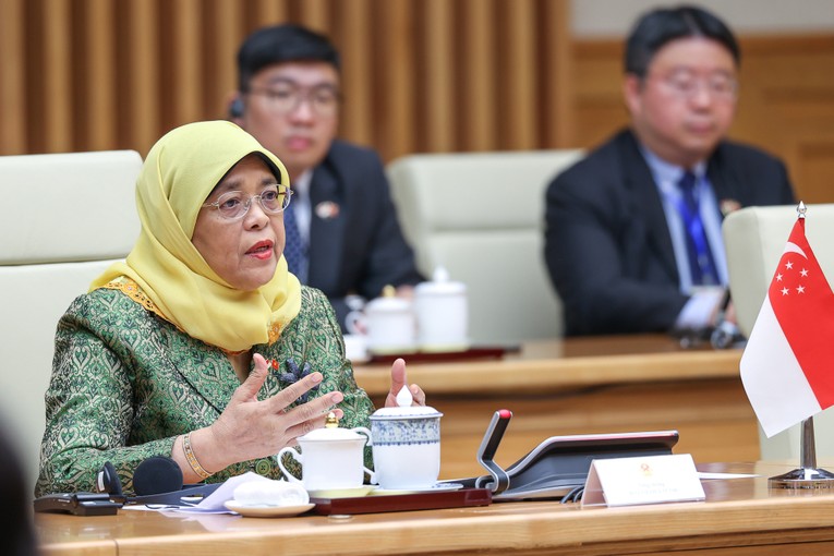 Tổng thống Singapore b&agrave;y tỏ ấn tượng về nỗ lực của Việt Nam trong đẩy nhanh chuyển đổi số, ph&aacute;t triển kinh tế số, x&atilde; hội số. Ảnh: VGP