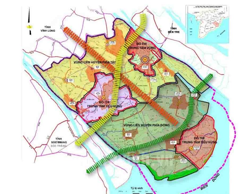 Sơ đồ ph&aacute;t triển kinh tế theo hướng li&ecirc;n huyện của tỉnh Tr&agrave; Vinh đến năm 2025. Nguồn: Bộ X&acirc;y dựng.