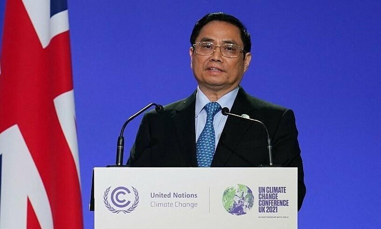 Thủ tướng Phạm Minh Ch&iacute;nh ph&aacute;t biểu tại hội nghị thượng đỉnh kh&iacute; hậu COP26 ở Glasgow, Scotland h&ocirc;m 1/11. Ảnh: AFP.