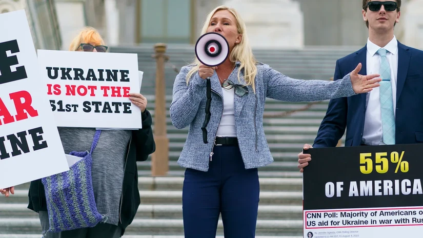 D&acirc;n biểu Marjorie Taylor Greene của Đảng Cộng h&ograve;a l&ecirc;n tiếng phản đối việc viện trợ Ukraine. Ảnh: The Hill