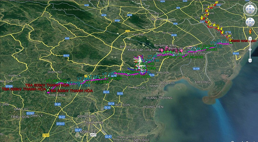 Hướng tuyến (đường m&agrave;u hồng) dự &aacute;n đường d&acirc;y 500kV mạch 3 đoạn Nh&agrave; m&aacute;y Nhiệt điện Nam Định - Thanh H&oacute;a. Nguồn: VGP.