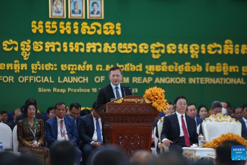 Thủ tướng Campuchia Hun Manet ph&aacute;t biểu tại lễ kh&aacute;nh th&agrave;nh s&acirc;n bay quốc tế Siem Reap Angkor, ng&agrave;y 16/11. Ảnh: Xinhua