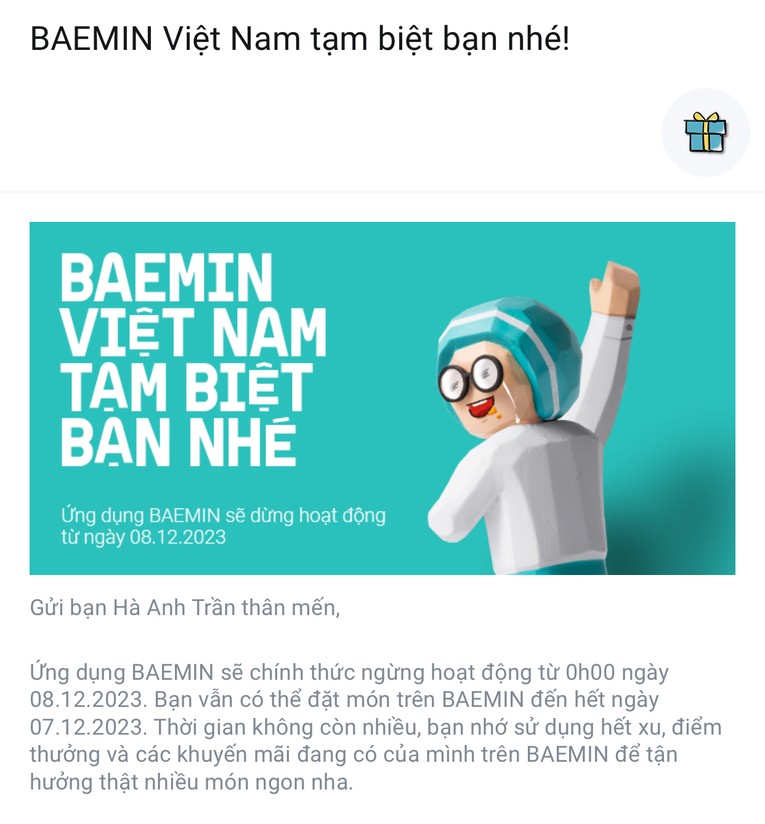 Dịch vụ đặt đồ ăn online Baemin gửi th&ocirc;ng b&aacute;o c&ocirc;ng ty sẽ ngừng hoạt động tại Việt Nam đến c&aacute;c đối t&aacute;c v&agrave; người d&ugrave;ng. Ảnh: H&agrave; Anh - Mekong ASEAN.