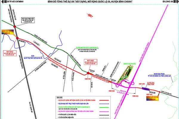 Sơ đồ hướng tuyến Quốc lộ 50 đoạn qua huyện B&igrave;nh Ch&aacute;nh, TP HCM.